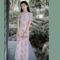 ) Rose love) retro Republic of China style ancient cheongsam one piece slim slim daily short sleeve long cheongsam skirt