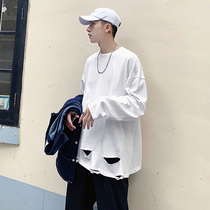 Base shirt mens tide coat 2021 autumn new sweater fashion brand ins harbor wind loose trend hole long sleeve T-shirt