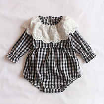 Baby lace floral lace collar plaid khae 2021 spring autumn dress new baby pure cotton one-piece clothes woman 0-1 years old