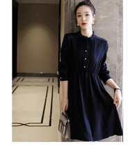 Workplace gold Secretary online thin elastic waist tread tendon details small stand collar A dress autumn women