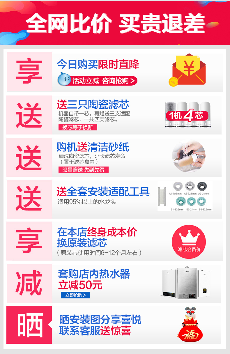 美的净水器水龙头过滤器家用厨房净水机自来水前置滤水器mc122-2