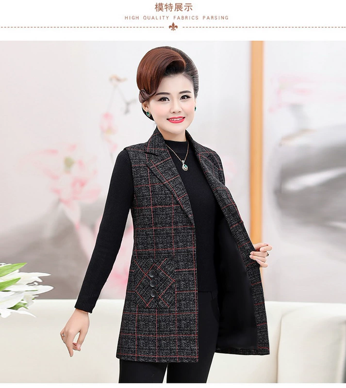 Mẹ mùa xuân và mùa thu áo vest trung thu dài 40 tuổi phụ nữ trung niên và cao tuổi phụ nữ béo plus size áo khoác ghi lê mỏng - Áo vest