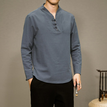 Spring cotton linen long sleeve T-shirt male clothing Chinese wind disc buckle V collar clothes Chinese style retro autumn clothes on top of the bottom