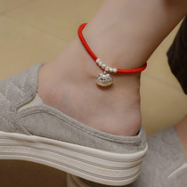 Evil spirits and safety S990 foot silver long life lock anklet Year of life red rope bracelet Female student transfer beads hand rope male