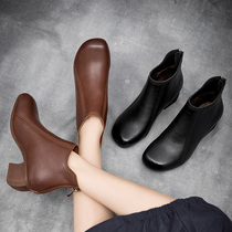 Mid-heel leather boots Autumn and winter cowhide coarse heels retro mother shoes cotton shoes soft bottom comfortable handmade womens shoes back zipper