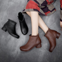 Mrs. 2020 winter vintage cowhide handmade womens shoes mother cotton shoes leather thin velvet single boots back zipper short boots