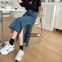 Korean version of split-side denim skirt high waist slim skirt womens skirt summer loose casual A Medium-length dress