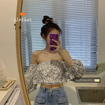 Heart machine short sleeve shirt top womens summer Korean version of the navel short retro floral bubble sleeve shirt