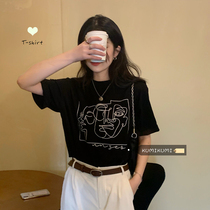 Loose line print short sleeve couple bf wind base shirt coat women Summer Korean version wild black T-shirt ins tide