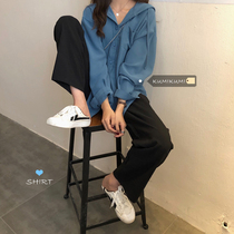 Lazy wind summer vintage blue long sleeve shirt 2021 New loose casual cardigan shirt shirt coat coat women