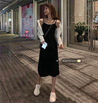 Hepburn style black inner strap skirt womens slim skirt summer long temperament Net red sleeveless dress