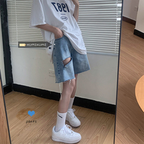 Retro hole light colored jeans pants casual pants Korean version Women summer high waist loose wide leg pants shorts pants