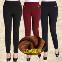 Middle-aged womens pants autumn and winter plus velvet padded casual pants large size mother pants elderly womens elastic high waist trousers