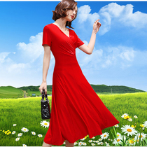 Middle-aged womens summer dress middle-aged dress milk silk new mother size long skirt V collar short sleeve waist skirt