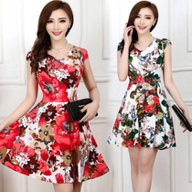 Middle-aged mother dress 35-40-45-50 year old size womens short sleeve flower skirt summer dress