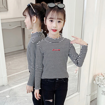 Girls Long Sleeve T Shirt 2022 new autumn and winter air stripes with a girl plus a half - tall collar blouse