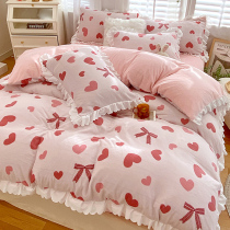 Princess style milk flannel bed four-piece Winter coral velvet thickened double-sided plus velvet winter sheets quilt cover