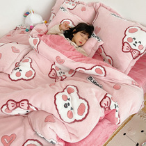 Milk velvet bed four-piece Winter thickened baby coral velvet bed double-sided flange plus velvet quilt cover three-piece set