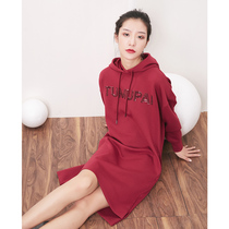 BLUELUCK red mid-length hooded sweater female over-the-knee sweater skirt hidden meat dress age reduction#