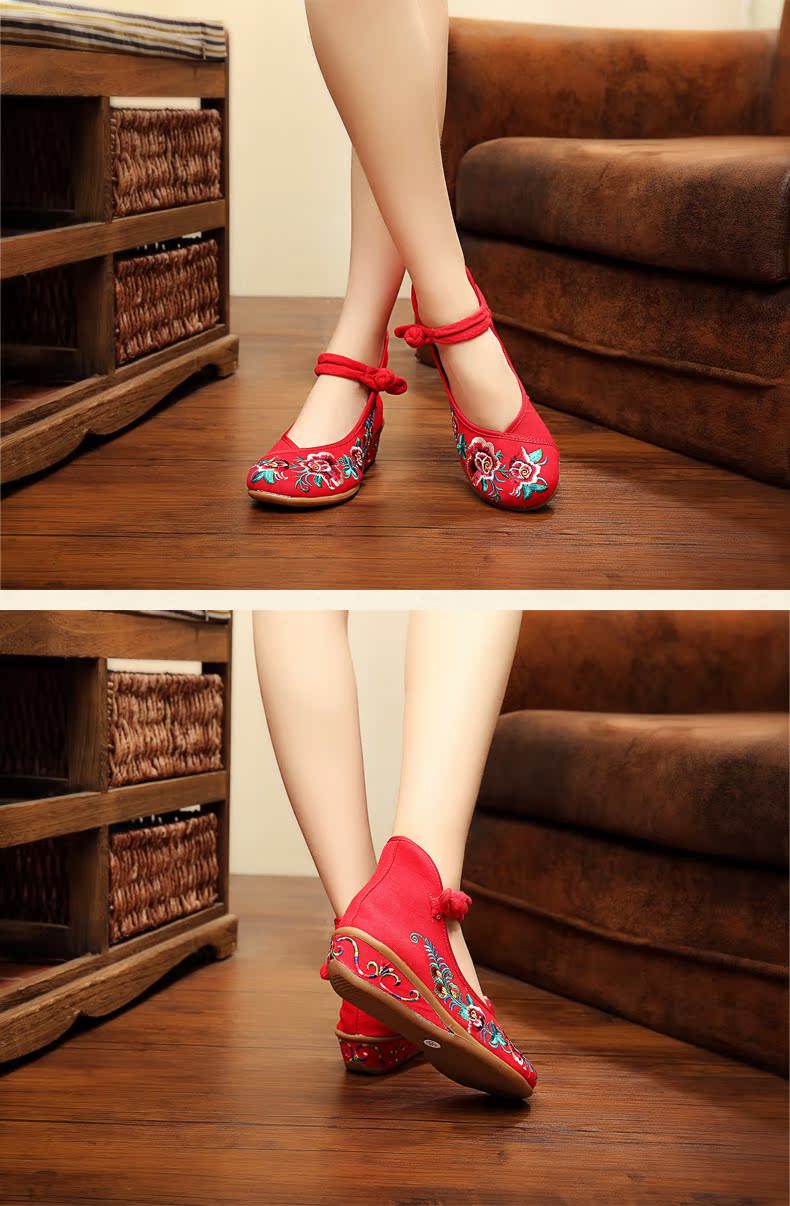 巴黎世家鞋子博客 北京老佈鞋女坡跟紅色婚鞋子花朵女鞋中跟繡花鞋中式民族風單鞋子 巴黎世家鞋