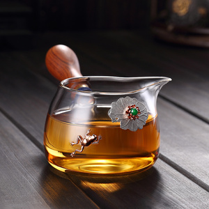 耐热加厚玻璃侧把公道杯 家用镶银公杯分茶器茶海 功夫茶具公道壶