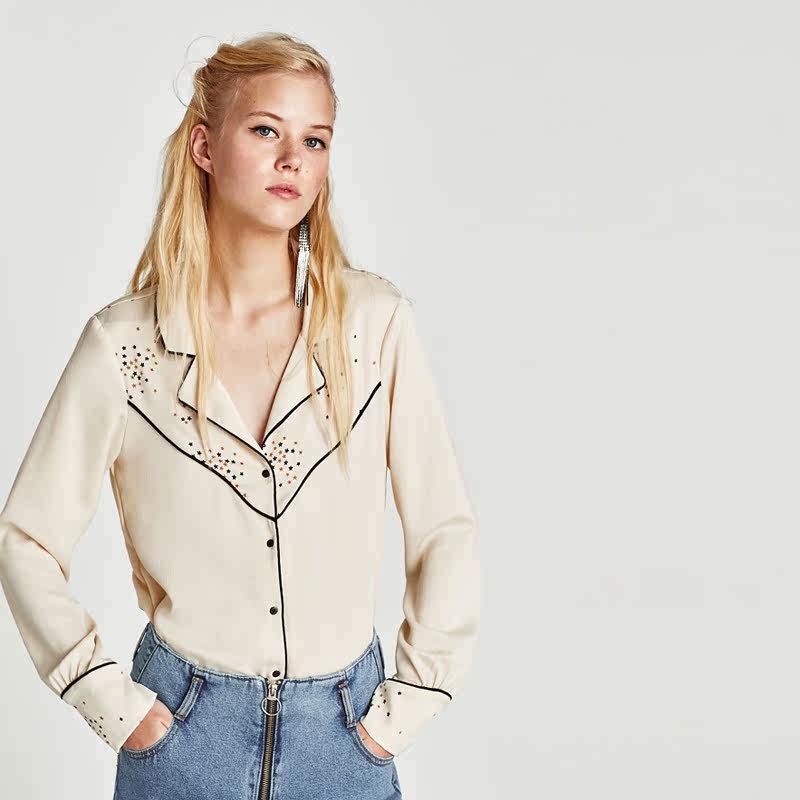 撞色包边条星星印花衬衫女 zrn欧美风休闲百搭睡衣领长袖上衣秋_7折