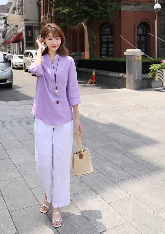 Áo sơ mi vải lanh tinh khiết cotton lỏng và áo sơ mi vải lanh tay áo ba phần tư của phụ nữ mùa hè năm 2021 nhẹ nấu chín áo cánh mới kết hợp hoàn toàn - Áo sơ mi