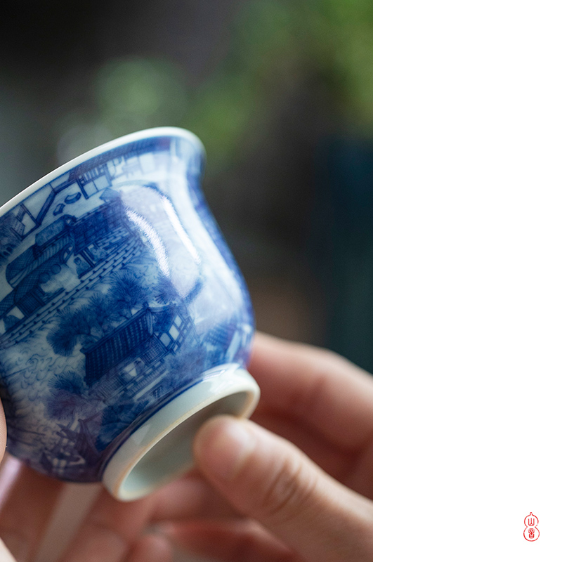 Lin Yin jingdezhen blue and white hand draw qingming painting only three tureen checking ceramic high - end tureen tea bowl