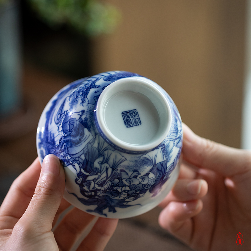 Jingdezhen blue and white, the story of western garden arborist benevolence tureen pure manual tureen tea bowl bowl two tureen