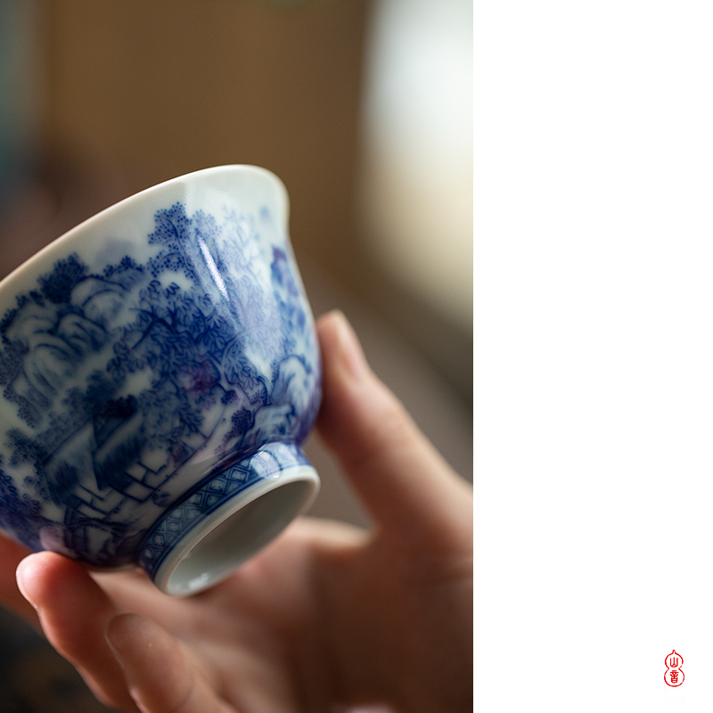 The Day blue green room inside and outside the landscape left koubei jingdezhen ceramic hand - made kung fu tea cups single CPU