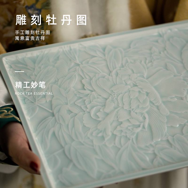 Jingdezhen ceramic film blue glaze hand - carved peony tea tray household cup tea accessories a single ground by hand