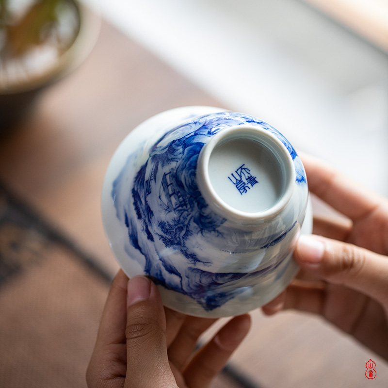 Poetry and landscape green room three only high - end tureen tureen jingdezhen porcelain hand - made teacup tea bowl