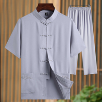 2021 Chinese style Hanfu Middle-aged clothes Cotton and linen thin ice silk short-sleeved Tang suit suit Dad suit Summer suit season man