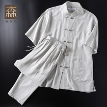 Tang Loaded Mens Middle Aged Dad Dress Summer Dress Fathers Festival Seniors Clothes Grandpa Cotton Linen China Wind Short Sleeve Suit