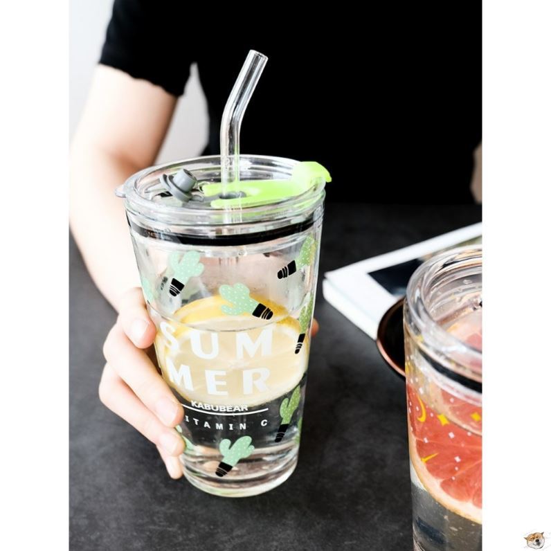 Pearl milk tea cup portable green transparent glass bottles of juice cup with cover with scale