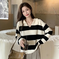 Strip knitted shirt clothing in spring and autumn 2022 new Japanese retro lazy wind sweater long sleeve short clothes