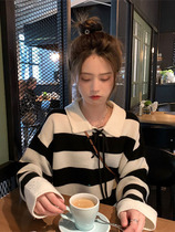 Black and white striped knitting shirt in early autumn 2022 new POLO collar design is loose and lazy wind coat