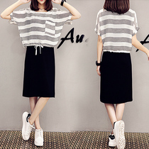 Large size womens fat mm dress 2021 new summer fat sister slim two-piece short small man