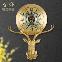 Modern Simple Solid Copper Deer Head Clock European Home Living Room Wall Clock Villa Entrance American Art Personalized Clock