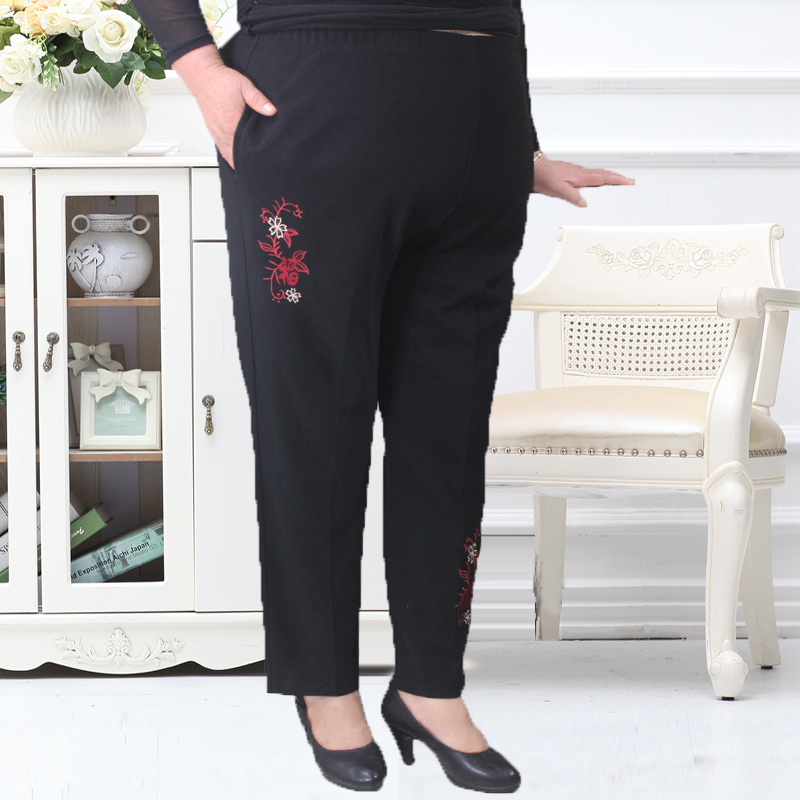 200 catfish plus Mast Size Grandma Embroidered Woman Pants Spring Autumn Clothing for older Fat Mama Tightness High Waist Trousers