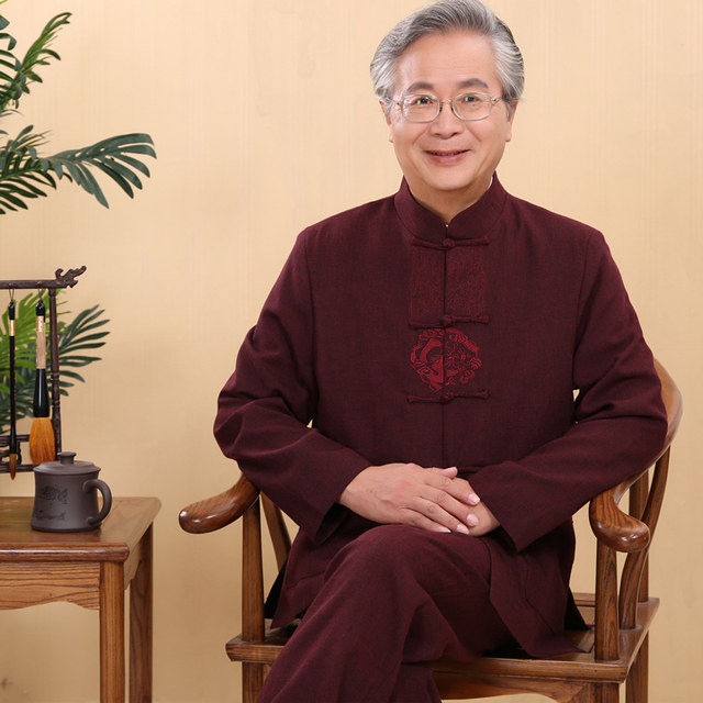 Middle-aged and elderly Tang suit male autumn style father grandpa Chinese style national wind stand collar buckle casual embroidery large size suit Middle-aged and elderly Tang suit male autumn style father grandpa Chinese style national wind stand collar buckle casual embroidery large size suit