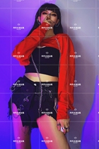 Red acting out to hip hop djdsgogo party acting out bundy sweatshirt jacket jeans singer female harnesses