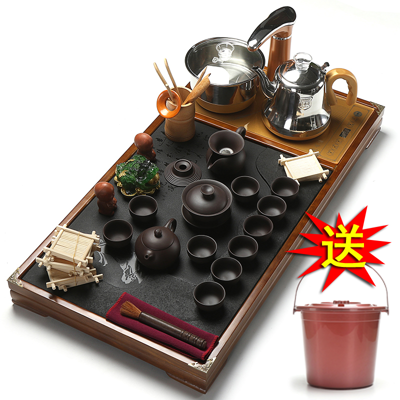 True to a complete set of tea set tea home sharply stone tea tray was solid wood blocks automatic induction cooker together