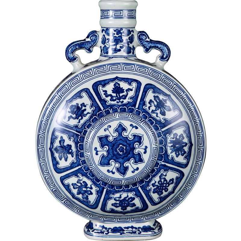 Jingdezhen blue and white ears flat chinaware bottle moonlight bottle vases, antique Chinese style decorates porch rich ancient frame furnishing articles