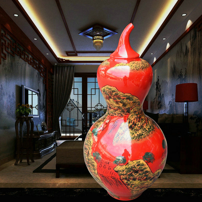 Jingdezhen ceramics of large vase China red hand - made scenery gourd decorative furnishing articles sitting room hotel lobby