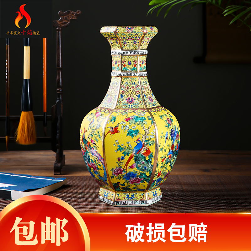 Jingdezhen ceramic colored enamel vase six sides antique Chinese flower arranging rich ancient frame home decoration furnishing articles sitting room