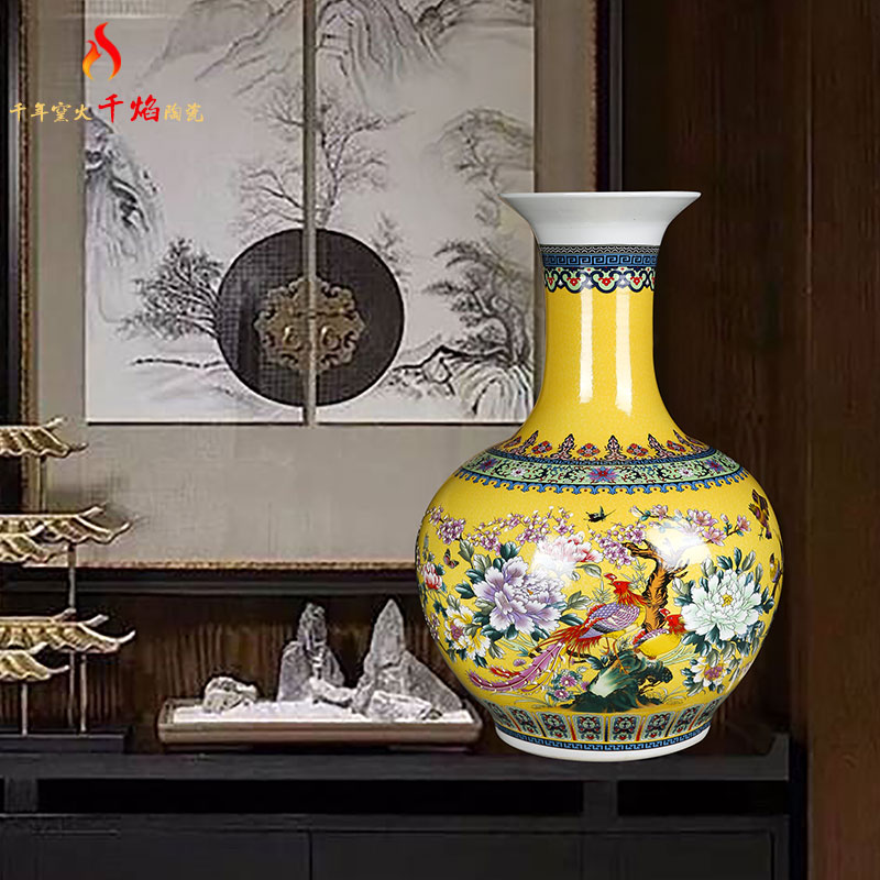 Jingdezhen ceramics yellow colored enamel big vase painting of flowers and household flower arrangement sitting room adornment rich ancient frame furnishing articles