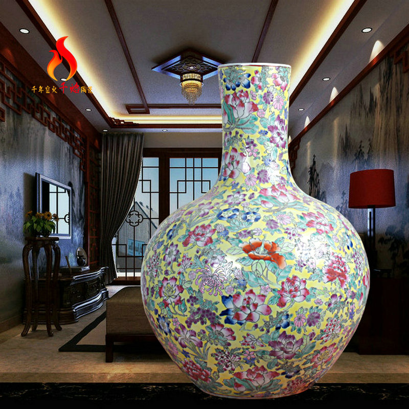 Jingdezhen ceramics vase landing high - grade hand - made yellow flower powder tree decoration pieces of new Chinese style