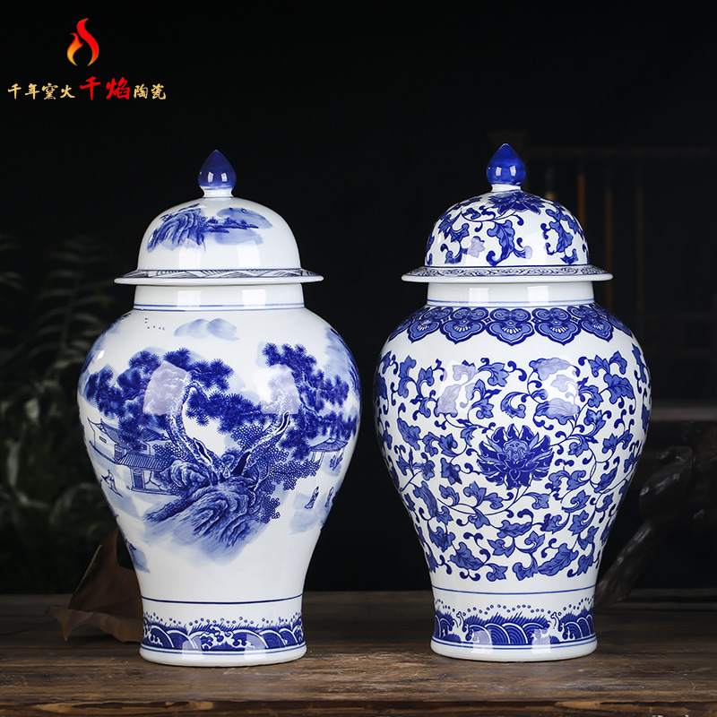 Jingdezhen ceramic general antique blue - and - white scenery storage pot Chinese sitting room adornment rich ancient frame furnishing articles vase