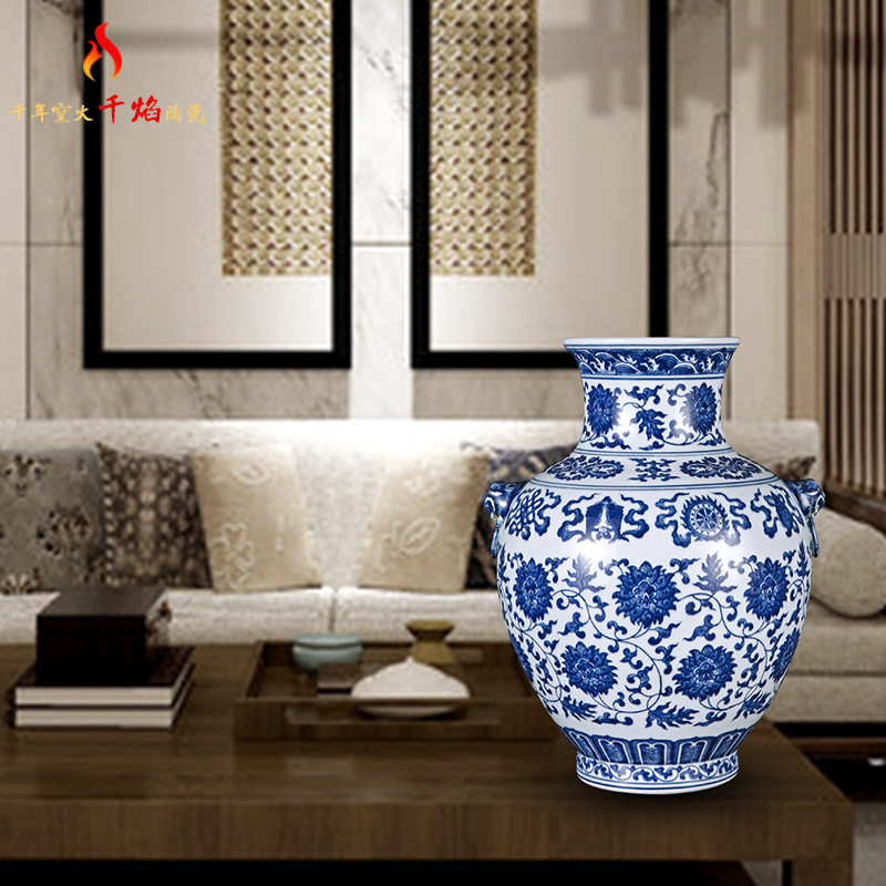 Jingdezhen ceramic hand - made put lotus flower ear vase of blue and white porcelain flower arranging rich ancient frame sitting room of Chinese style household furnishing articles